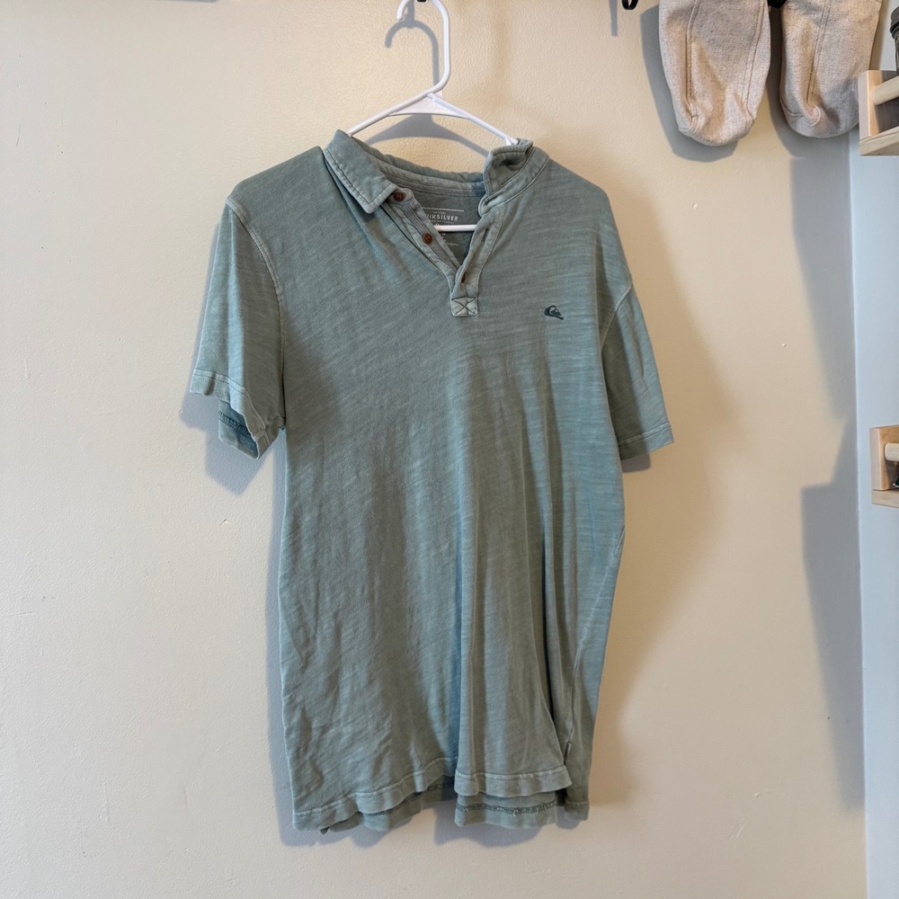 Men's Short Sleeve Washed Green Button Neck Polo Shirt Size Medium